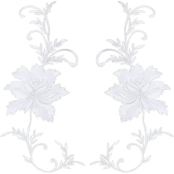 Embroidery Peony Flowers Patches 18.1x6.1 Inch White Peony Flowers Iron on Patches Big Peony Sew on Patches DIY Embroidered Appliques for Clothes Decoration Repair Sewing Craft White