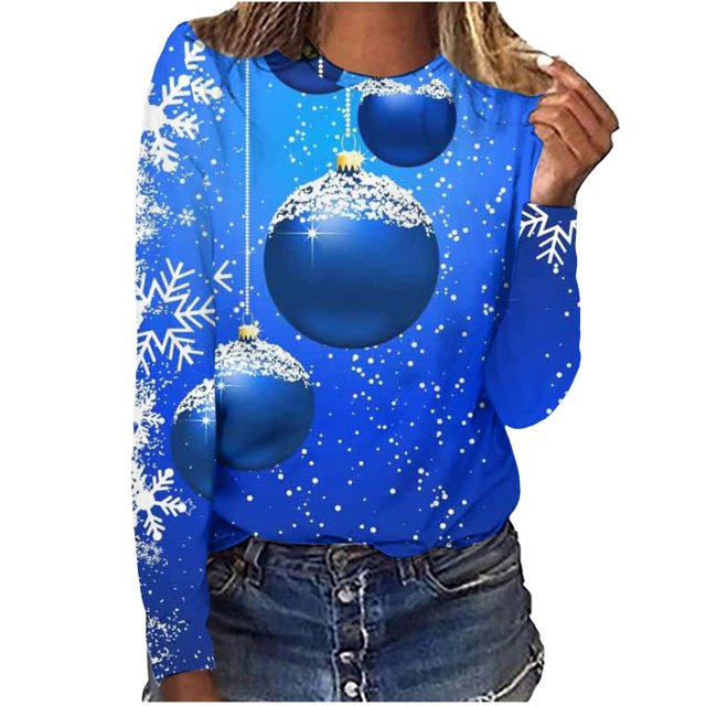 Camisas Navideñas Para Mujer, Camisetas de Manga Larga, Blusa Informal Holgada Con Cuello Redondo Estampada A La Moda Odeerbi ODB194721
