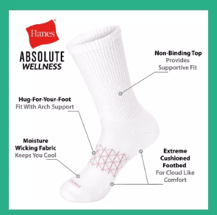 Hanes Absolute Wellness Women's Crew Socks Pack, Non-Binding, Cushioned, 3-Pairs