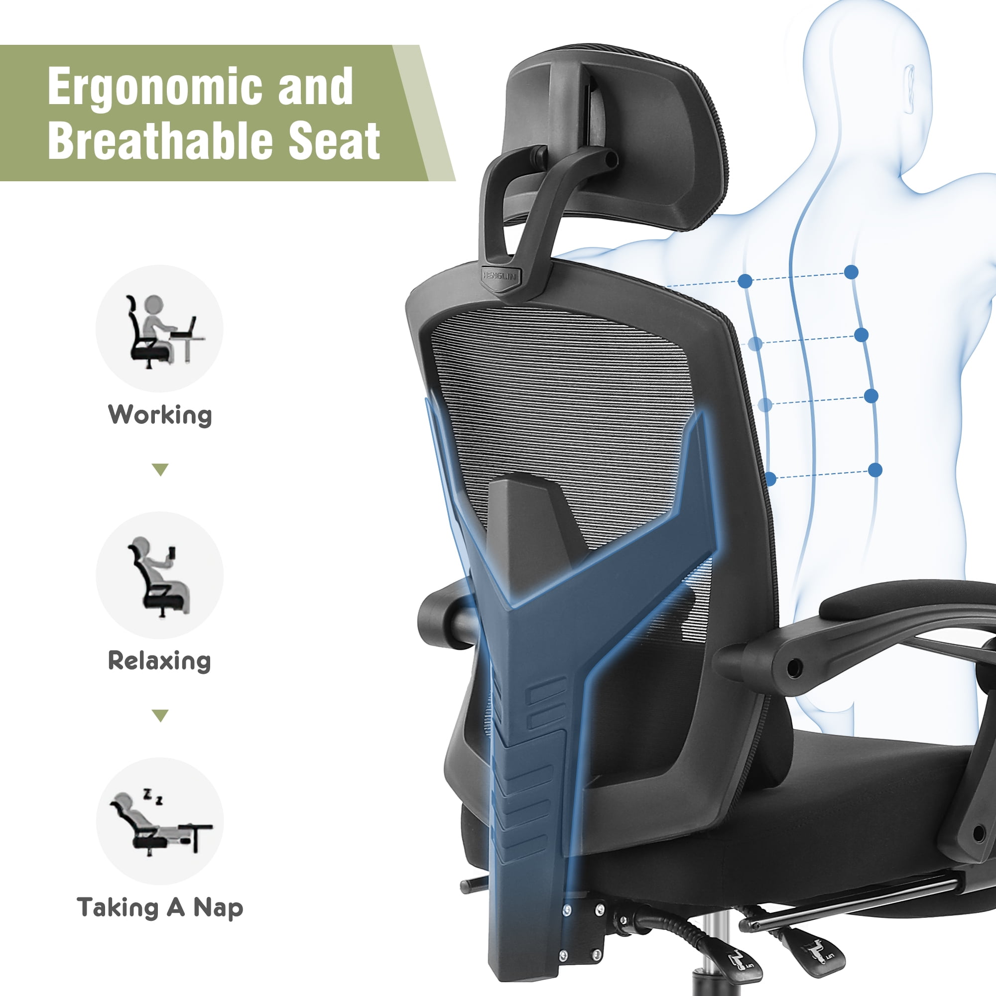 CONCETTA Ergonomic High Back Mesh Office Chair with Headrest, Footrest, Armrests for Adults, Green