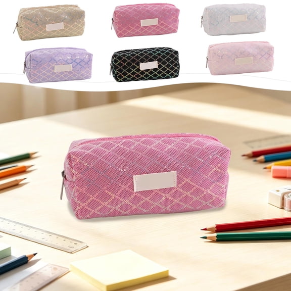 Hyknon Large Capacity Pencil Case, Glitter Zipper Pencil Pouch with Sequins, Cute Aesthetic Pencil Bag for Office Classroom Stationery Storage Supplies