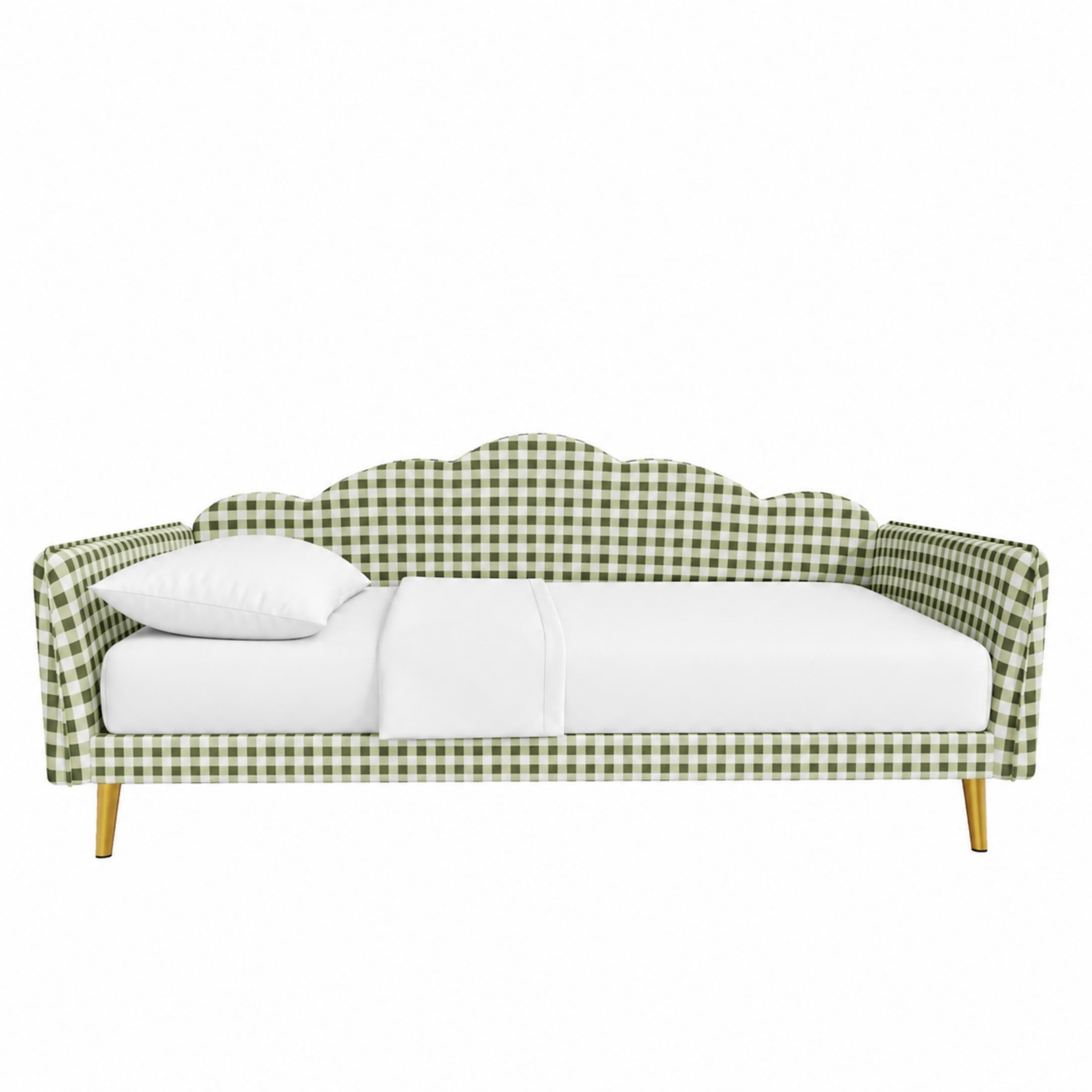 Noble House Jocast Twin Size Upholstered Platform Daybed, Gingham Pattern Headboard and Side Armrests, Green