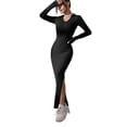 thumbnail image 2 of BAETEUY Women Spring Fall Dress V Neck Slit Hem Thread Slim Fit Long Sleeves Ankle Length Knitted Elastic Maxi Dress Shopping Dating Party Dress, 2 of 8