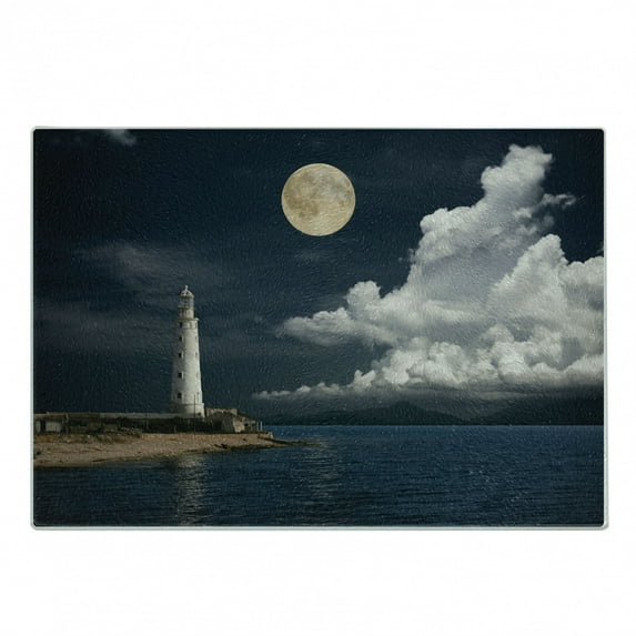 Lighthouse Cutting Board, Lighthouse Moonlight Island Large Clouds Sea Seaside Waterfront Night Time Bay, Decorative Tempered Glass Cutting and Serving Board, Small Size, Multicolor, by Ambesonne