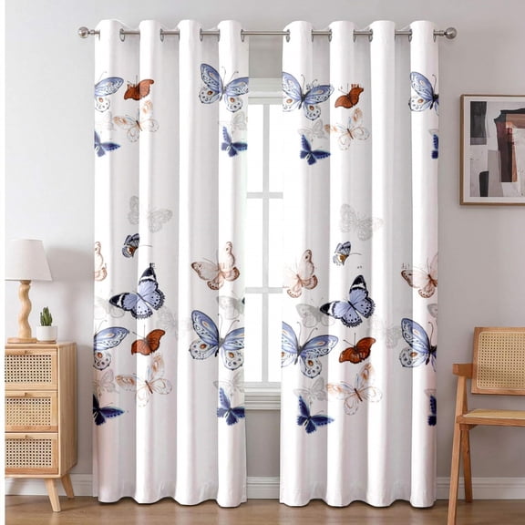 Butterfly Print Blackout Curtains, 52" x 84" 2 Panels, White Thermal Insulated Grommet Window Curtains for Bedroom Living Room, Machine Washable