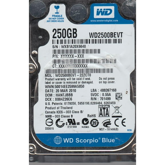 WD2500BEVT-22ZCT0, DCM HANTJBBB, Western Digital 250GB SATA 2.5 Hard Drive