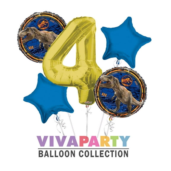 Jurassic World Round Balloon Bouquet 5 pc, 4th Birthday, Gold Number 4 Jumbo Balloon | Viva Party Balloon Collection