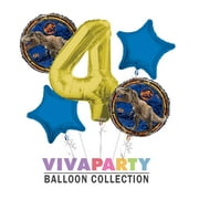 Jurassic World Round Balloon Bouquet 5 pc, 4th Birthday, Gold Number 4 Jumbo Balloon | Viva Party Balloon Collection