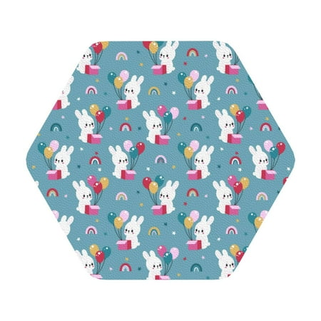 

Coaee Rabbit And Rainbow Print Leather Coasters Set of 6 Non-Slip Washable Cup Coasters for Home Office Bar Hexagon