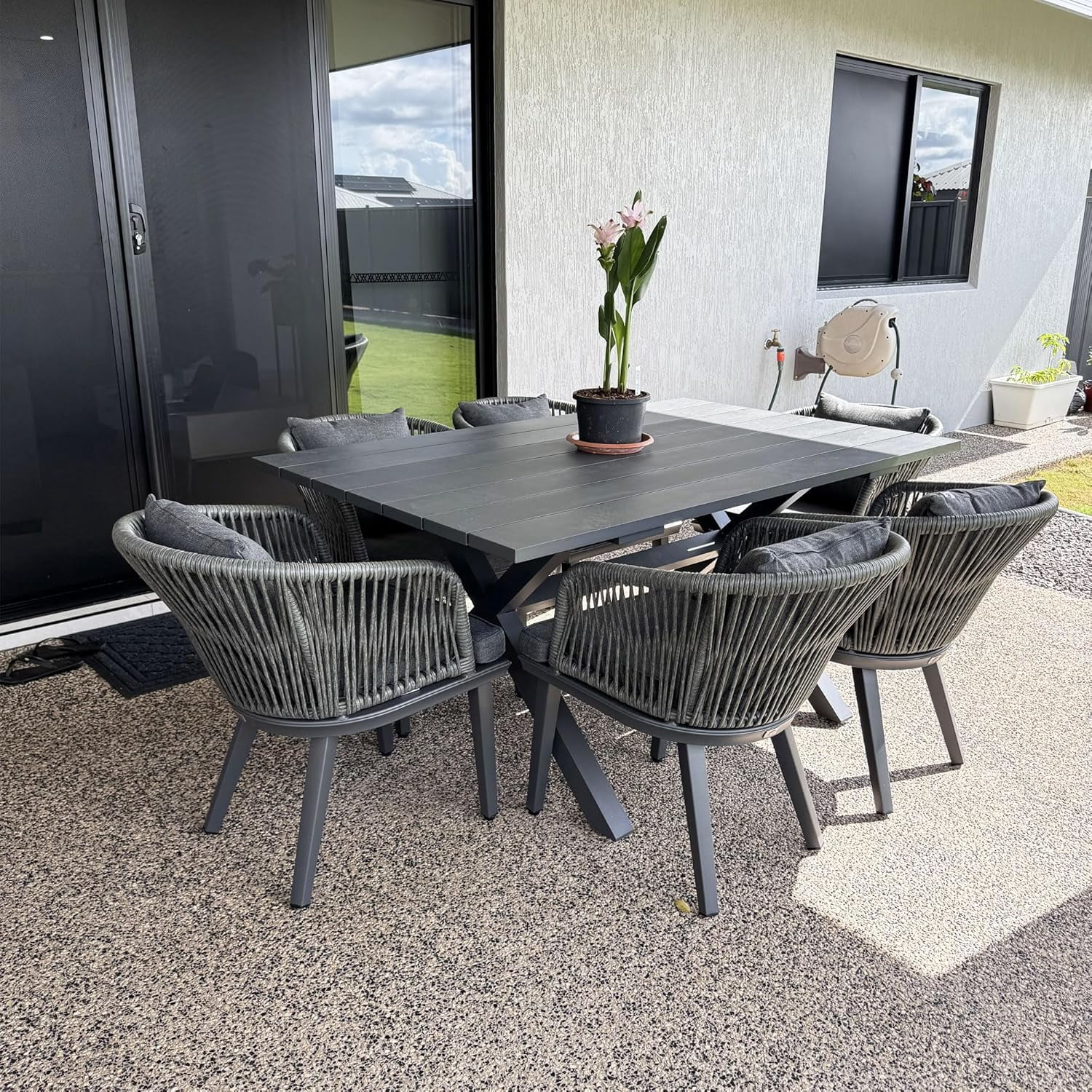 PURPLE LEAF 7 Pieces Patio Dining Set, Rectangular Aluminum Outdoor Table and 6 Wicker Chairs with Cushions for Garden Kitchen and Porch, Grey