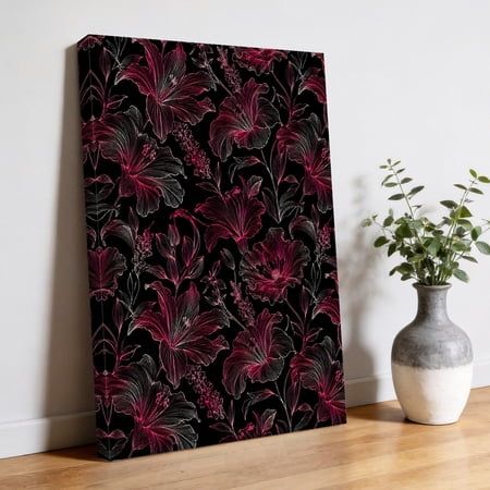 Metallic Lilies Canvas Wall Art Abstract Black Red Flower Botanical Tropical Fronds Pictures Wall Decor Wooden Framed Artwork Art Prints for Living Room Hallway Bedroom Office 16 x20