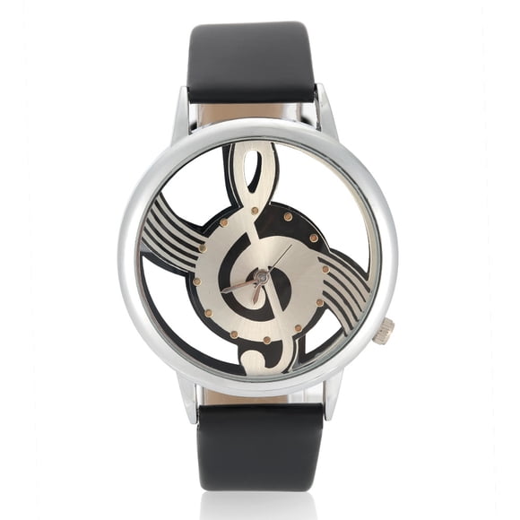 Reloj de pareja analógico Bling Bling con Correa de PU negra y esfera de nota musical redonda