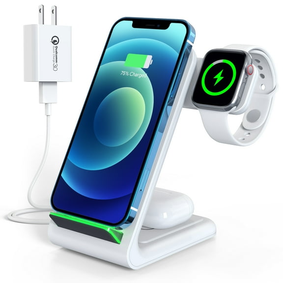 UUTO 3 in 1 Wireless Charging Station with QC 3.0 Adapter Compatible with iWatch/Airpods/iPhone/Samsung, Qi-Certified Phones