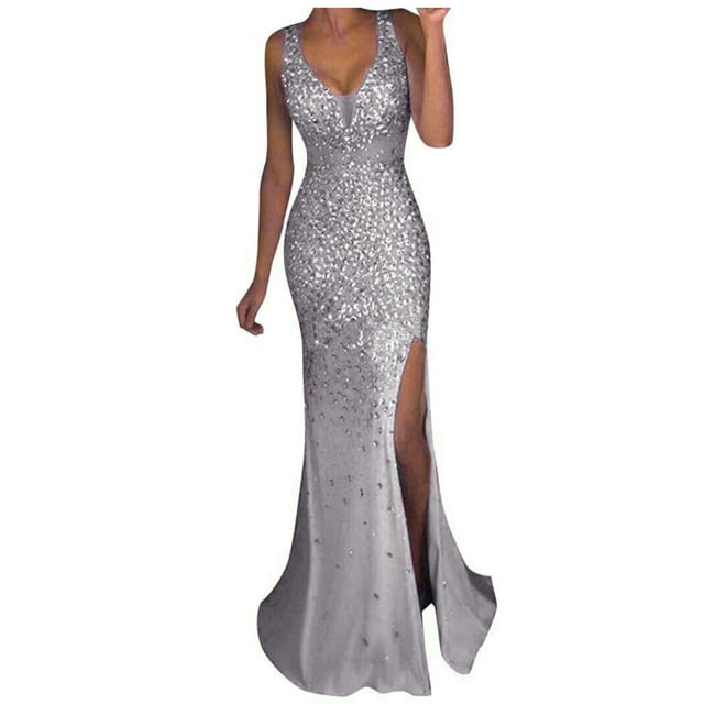 Prolriy Robe à Sequins pour Femmes Longue Robe de Soirée Dorée Robe de Demoiselle d'Honneur à Sequins Robe de Bal Col en V Robe de Vacances pour Femmes Robe de Réveillon 2025 Argent G