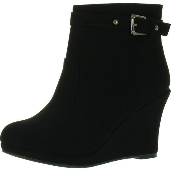 Top Moda Cotton-15 Women's ankle high top stud buckled strap side zipper platform wedge nubuck booties