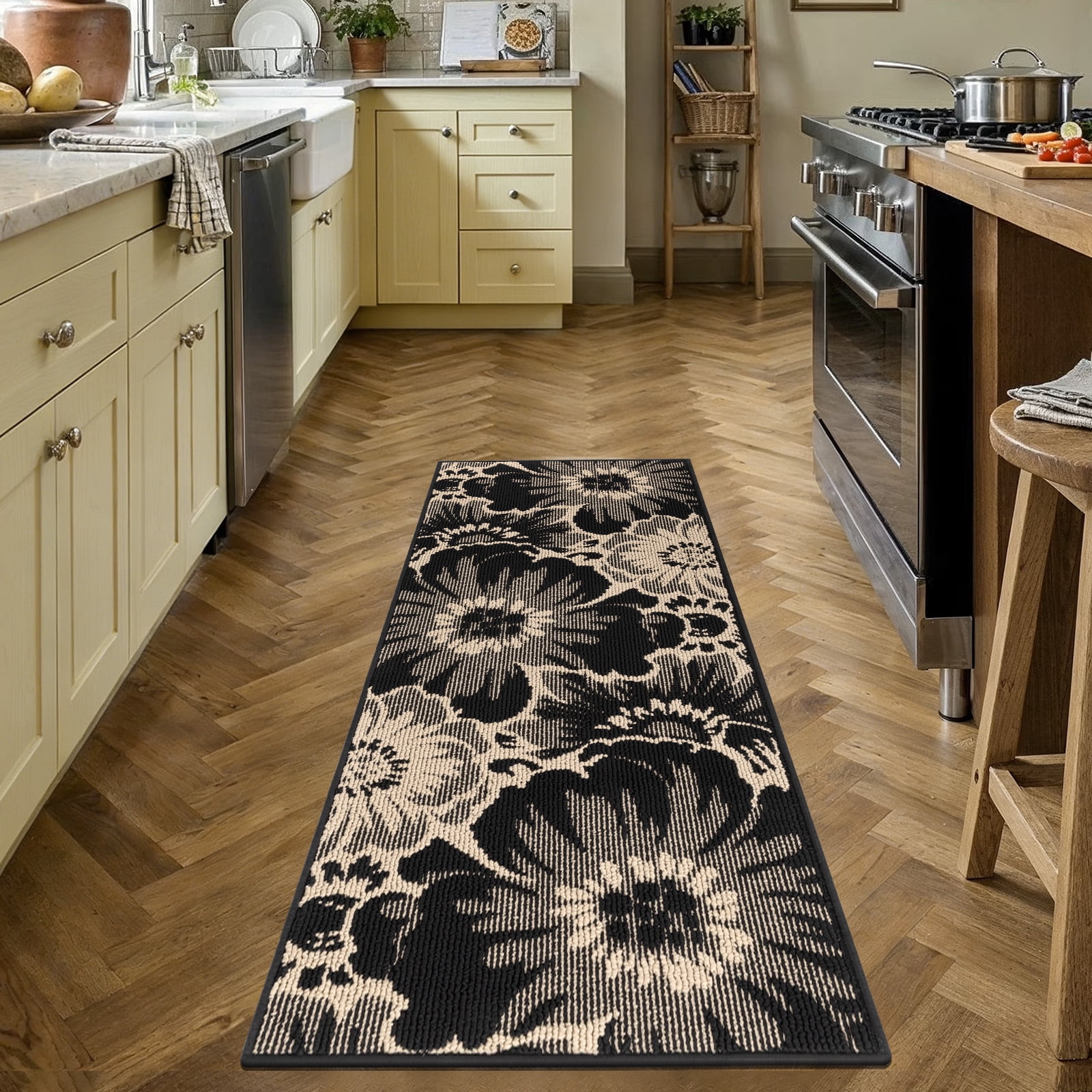 Findosom Runner Rug for Hallway 2x5 ft,Non-slip Machine Washable Runners Flower Floor Mats Low Pile Carpet Rug Runner with Rubber Backing for Entryway Doormat Bathroom Kitchen Laundry Room,Black