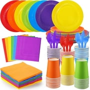 420 Pieces Rainbow Party Decorations Include 7" and 9" Colorful Paper Plates Colored Napkins Cups Spoons Forks Knives Complete Pack for Fiesta Neon Birthday Party Supplies