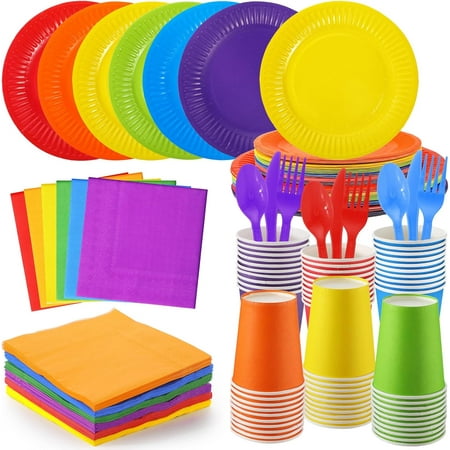 420 Pieces Rainbow Party Decorations Include 7" and 9" Colorful Paper Plates Colored Napkins Cups Spoons Forks Knives Complete Pack for Fiesta Neon Birthday Party Supplies