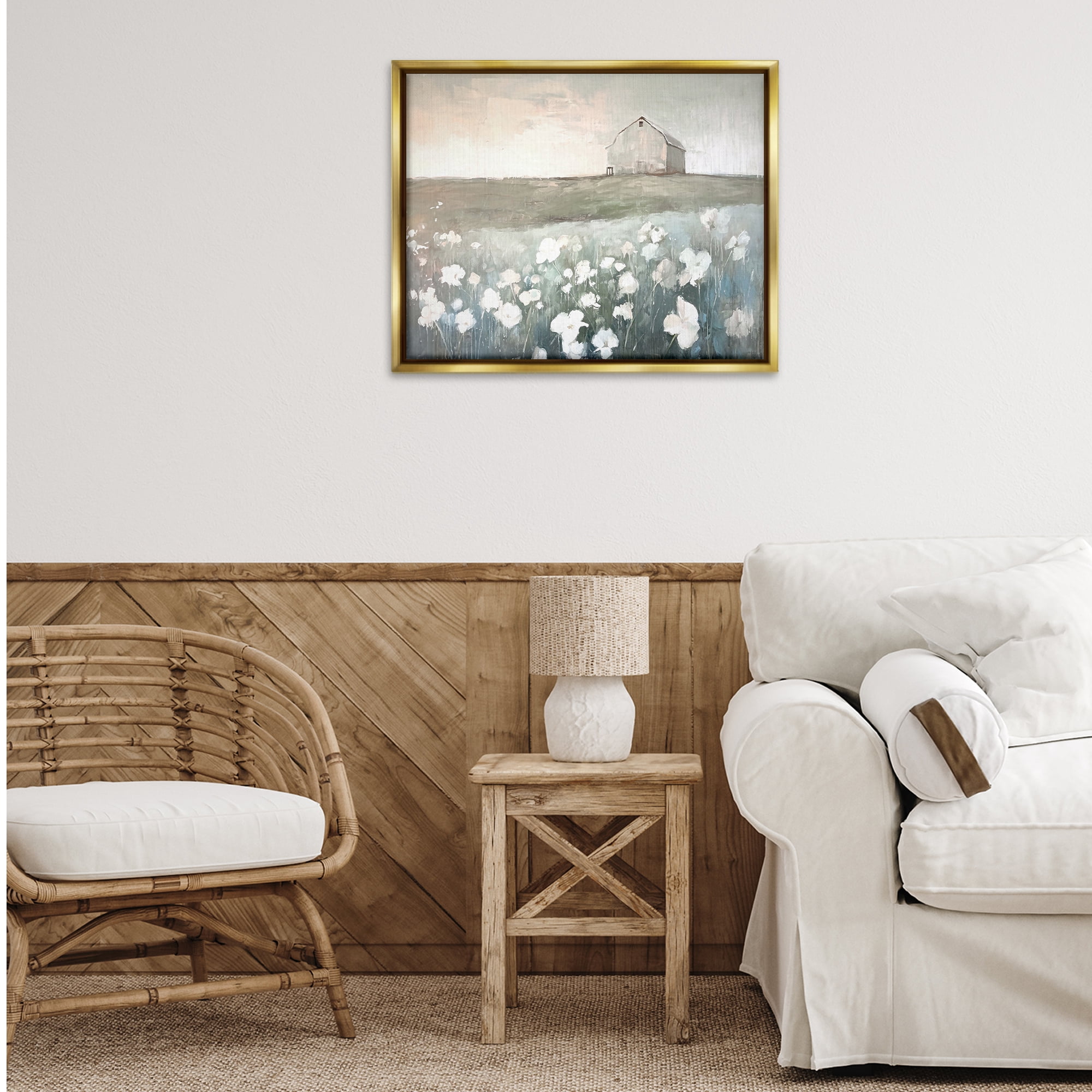 Stupell Industries Peaceful Floral Pasture Landscape Painting Gold Floater Framed Canvas Art Print Wall Art, 31 x 25