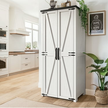 POLIHOME 72" Kitchen Pantry Cabinet - Led Food Storage Cabinet Cupboard with 2 Barn Doors and Shelves Adjustable for Dinning Room，in Grian White