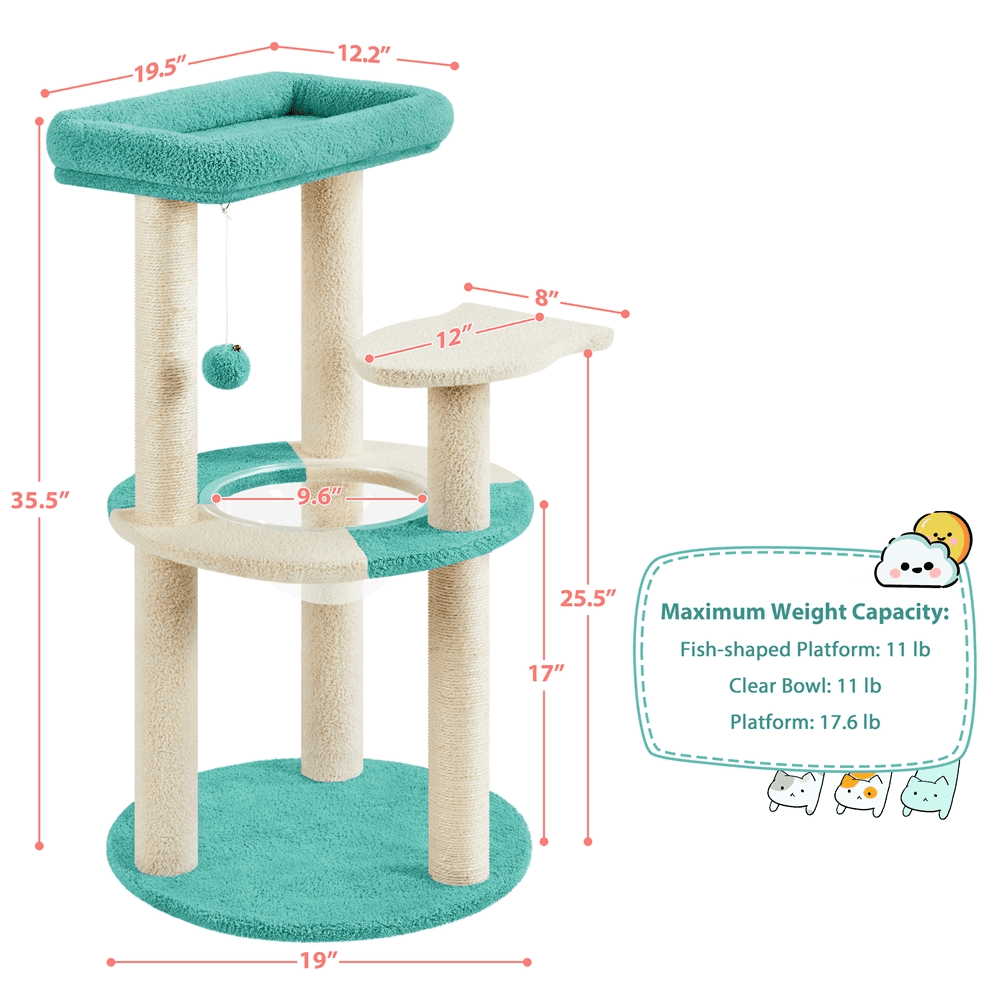 Alden Design 35.5″H Ocean Cat Tree with Padded Perch Natural Sisal for Kittens, Indigo/Beige