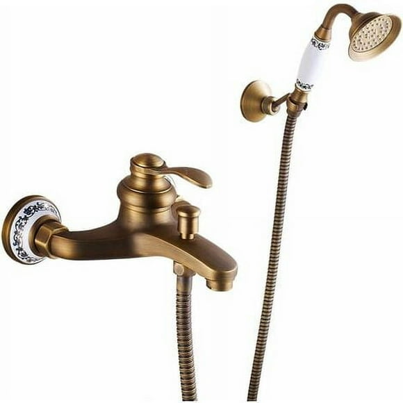 Bathtub Faucet - Shower Faucet with Hand Shower, Brass Single Lever Wall Mounted Bathtub Mixer with Holder and 1.5M Hose, for Bathroom, Antique Brass Finish