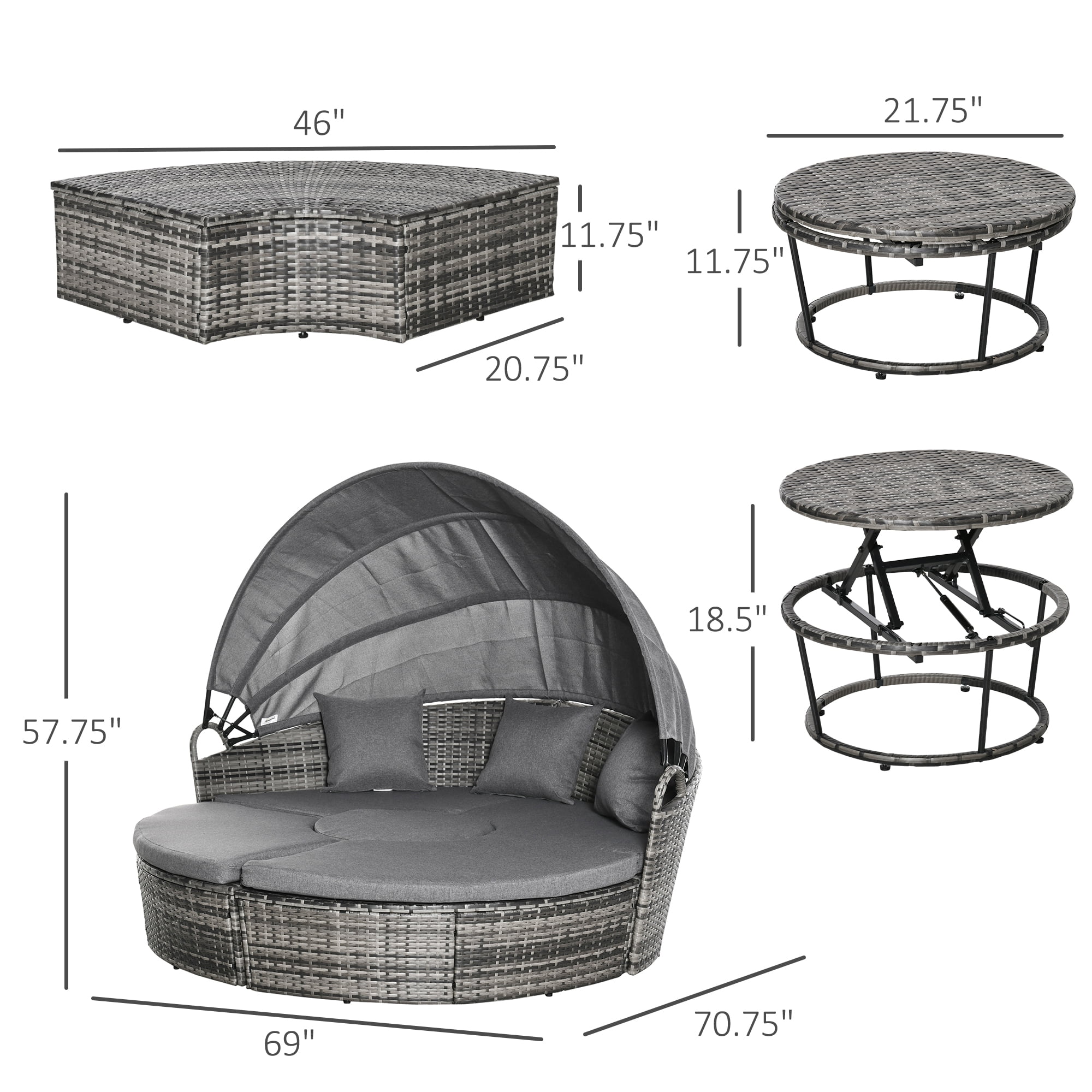 Outsunny 4pc Rattan Patio Furniture Set, Sectional Outdoor Sofa Set with Adjustable Sun Canopy, 2 Chairs, Extending Tea Table, Pillows, Gray