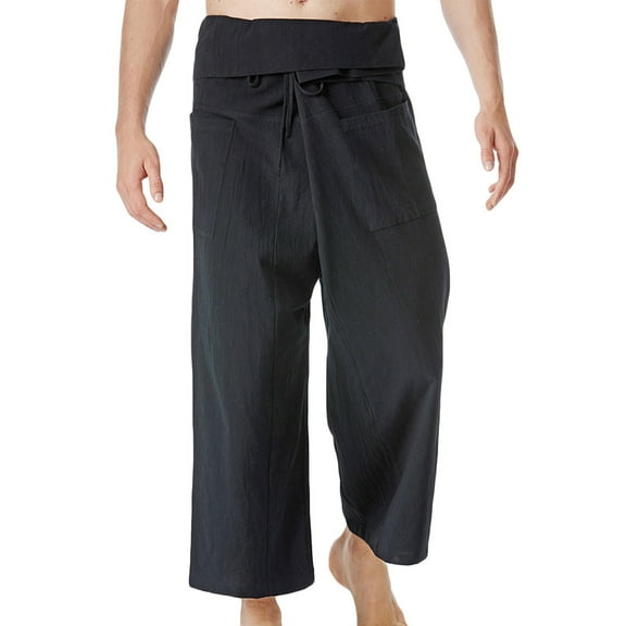 JUUYY Men's Thai Fisherman Pants AdjustableStylish for Yoga Meditation Dance Martial Arts More Wide Leg Pants Loose Fit Pants Black Free Size