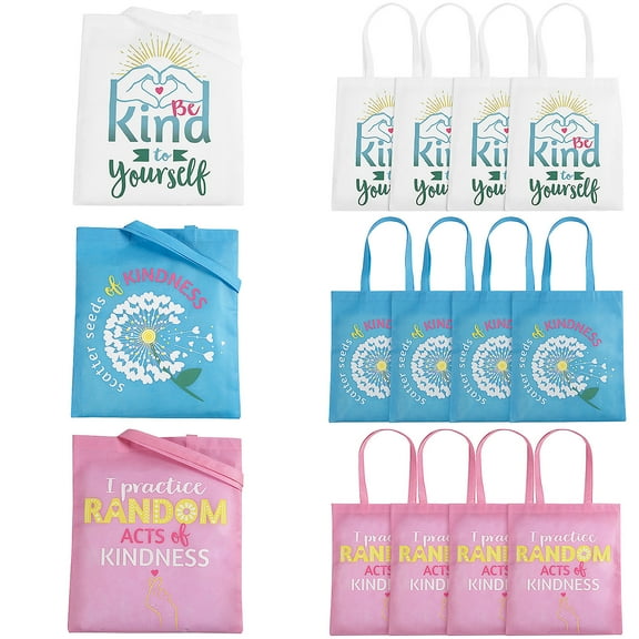 Fun Express 15" x 17" Large Pink, White & Blue Kindness Nonwoven Tote Bags - 12 Pieces