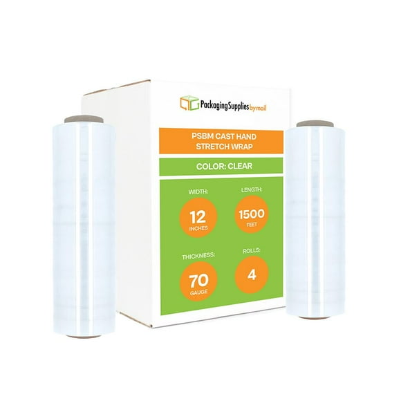 Stretch Wrap Cast Hand Shrink Film 3” Core 12 Inch x 1500 Feet 70 Gauge 4 Rolls/Case