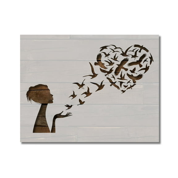 Woman Girl Heart Birds Love Stencil Template Reusable 8.5 x 11 for Painting on Walls, Wood, Etc. By Stencilville
