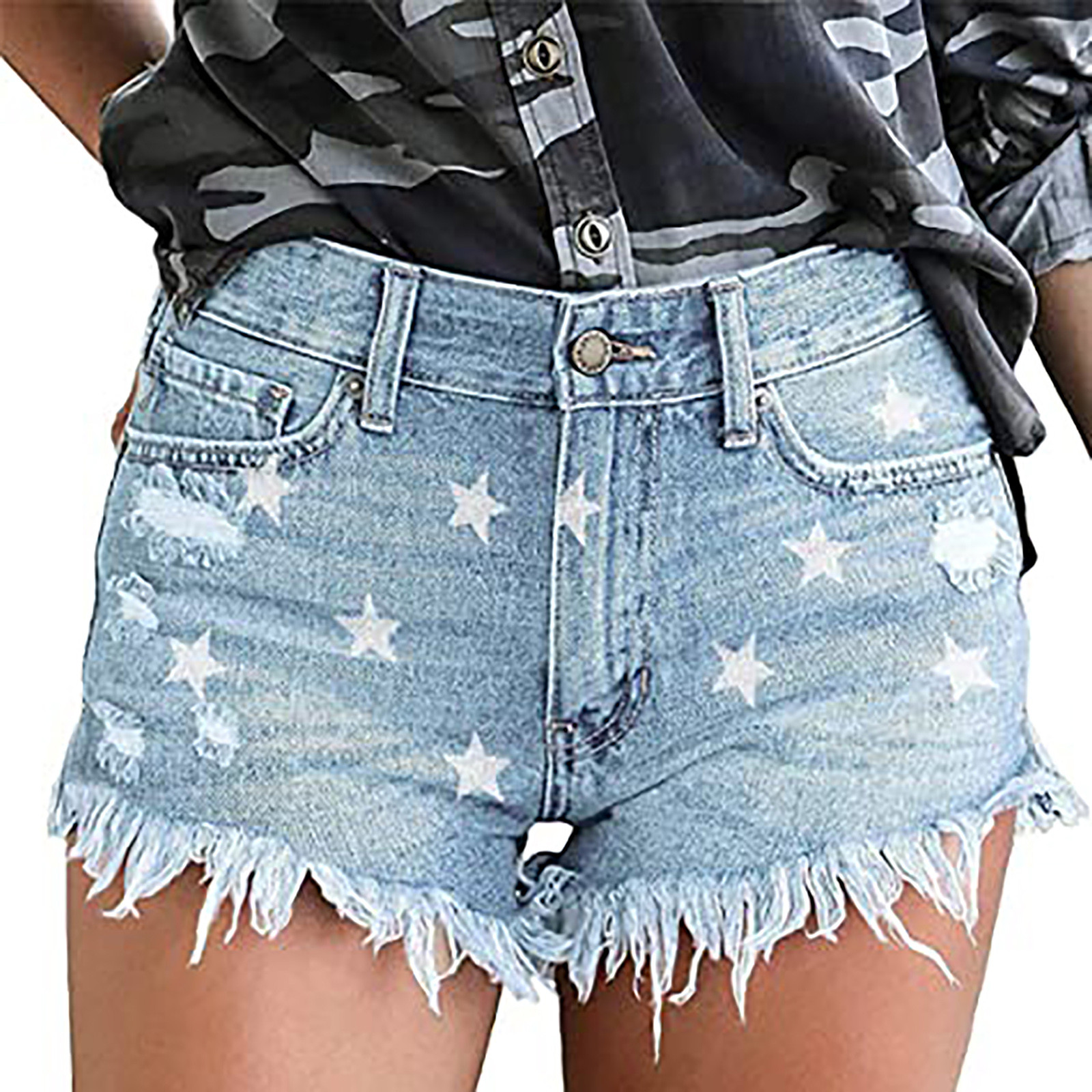 Finelylove Jean Shorts For Women Denim Cargo Shorts Women Jean High Waist Rise Printed Light