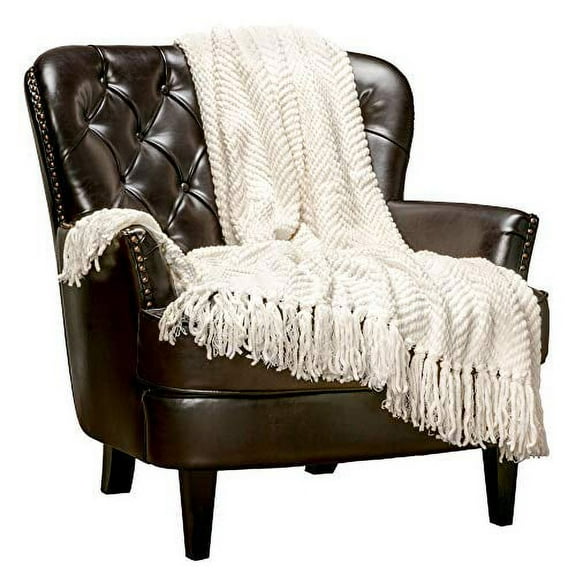 Chanasya Textured Knitted Super Soft Throw Blanket with Tassels Warm Cozy Lightweight Fluffy Woven Blanket for Bed Sofa Chair Couch Cover Living Bed Room Off White Throw Blanket (50x65 Inches) Cream