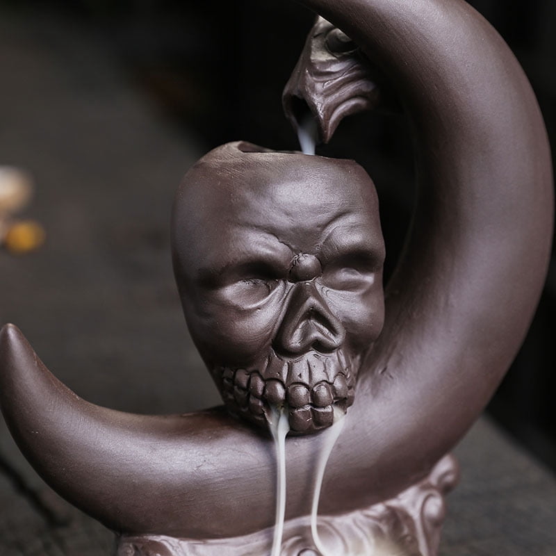 Purple Clay Moon Shape Backflow Incense Burner Creative Halloween Skull Head Smoke Sandalwood Incense Holder Home Decor