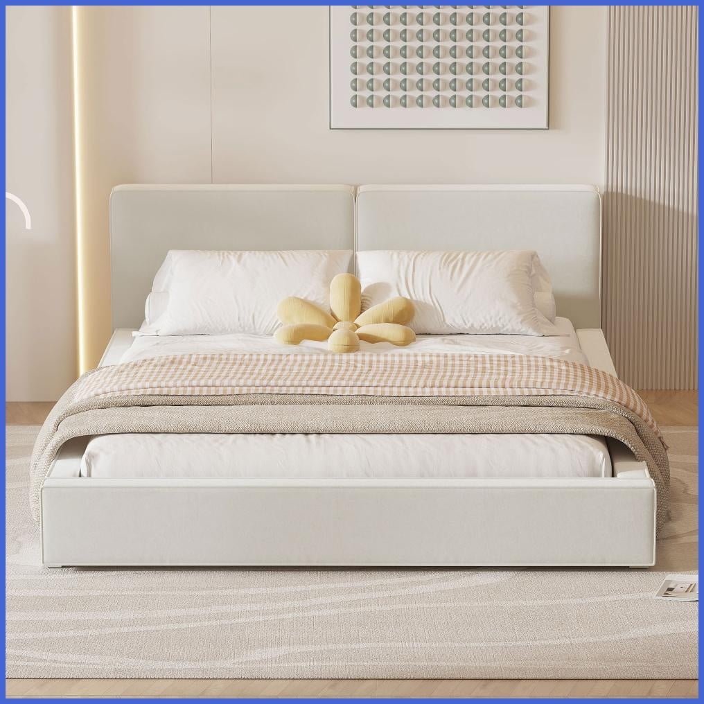 Queen Size Velvet Upholstered Platform Bed with Solid Frame, 500lbs Capacity, Beige Master Bedroom Bedframe