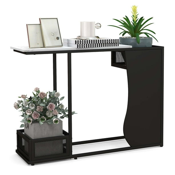 Costway 110 CM Mesa Consola, Mesa de Entrada Moderna con Superficie de Mármol Artificial, 2 Compartimentos de Almacenamiento de Malla, Mesa Delgada Perfecta para la Sala de Estar, Pasillo