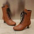 thumbnail image 5 of Ankle Boots for Women Lace up Round Toe Kitten Heel 70s Witch Booties Vintage Leather Fall Winter Mid Calf Dress Boots Orange Size 8, 5 of 7