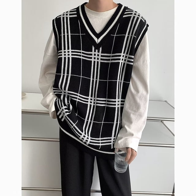 Suéter de punto con pinza de poni a cuadros grandes, chaleco exterior de primavera y otoño, chaleco apilado, chaleco adelgazante de moda