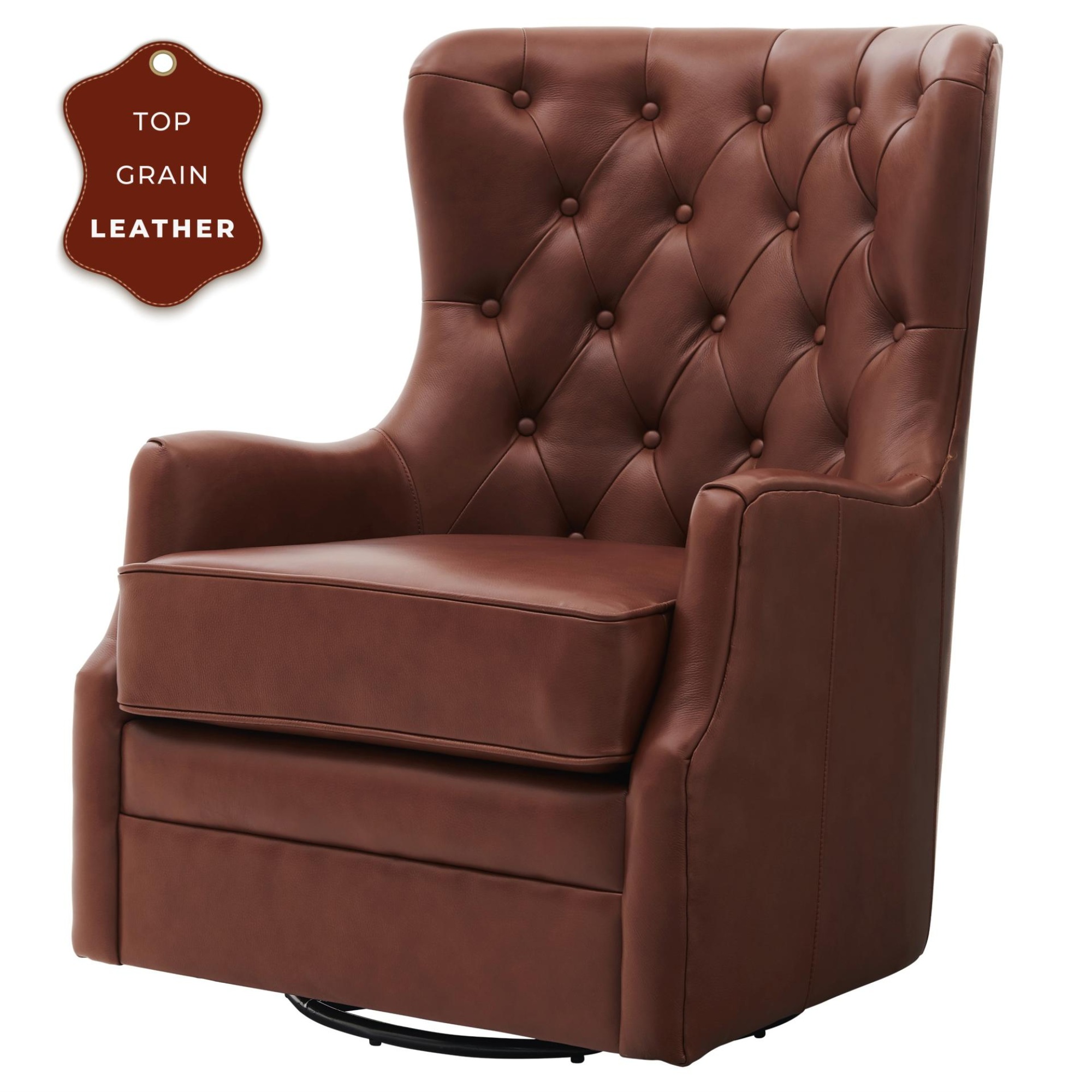 Anthony Top Grain Leather Swivel Rocker Tufted Chair Garrett Brown