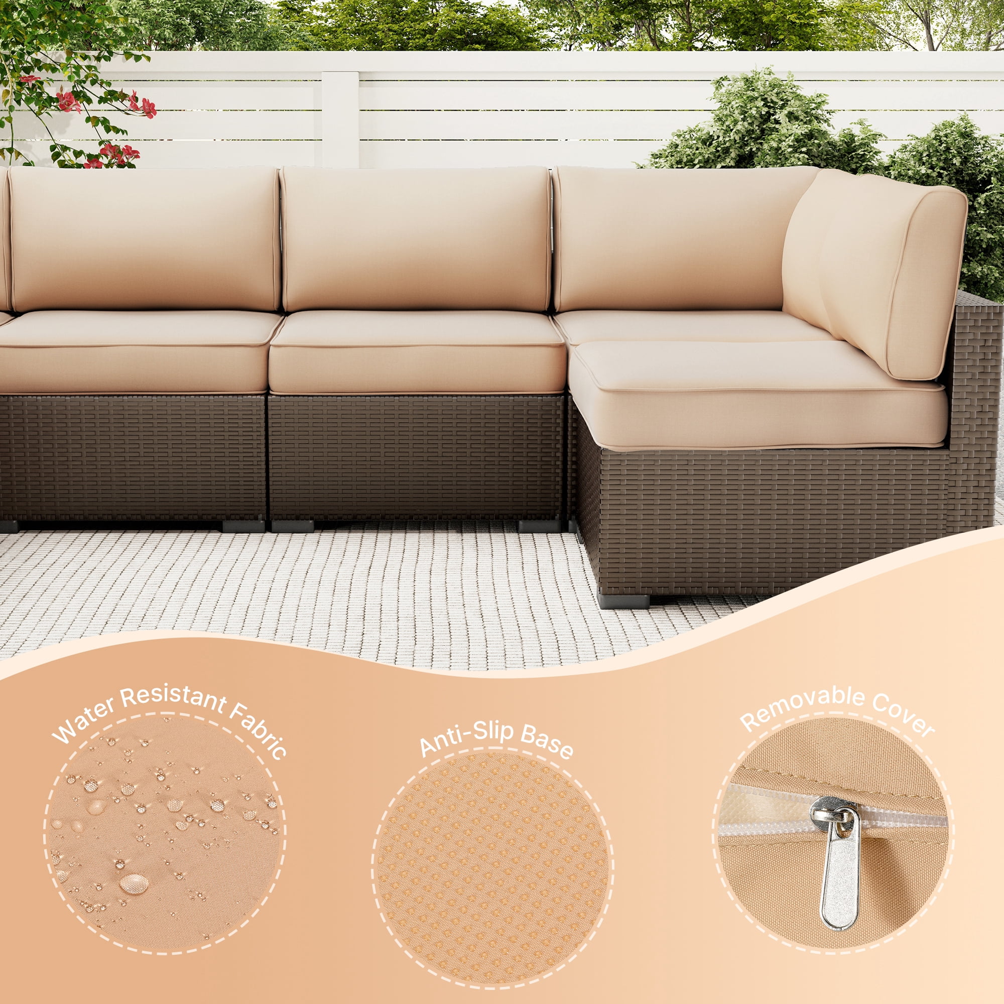 SUNCOZE 14-Piece Outdoor Patio Cushions Set for 6-Seat Sectional Sofa, 25.6" x 25.6" Replacement Couch Cushions, 4-Inch Thick Anti-Slip Garden Furniture Cushions, Khaki