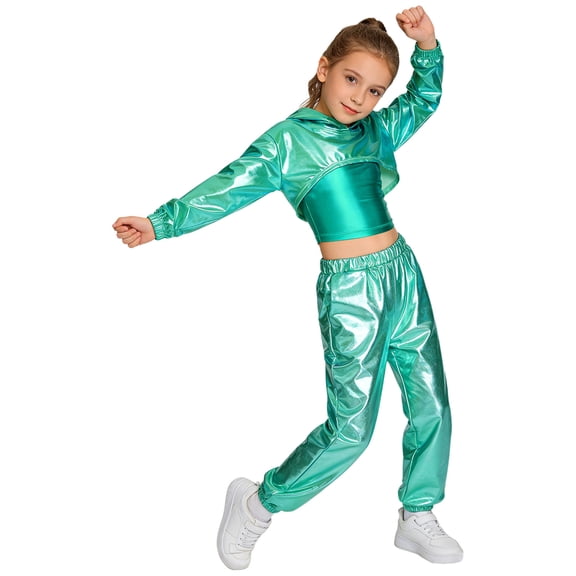 TSSOE Girls Hip Hop Team Performance 3 Piece Outfits Skateboarding Clothes Modern Jazz Dance Clothing Set Light Green 10