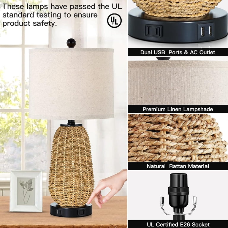 Cinkeda Rattan Table Lamp Set of 2, Farmhouse, USB photo 3