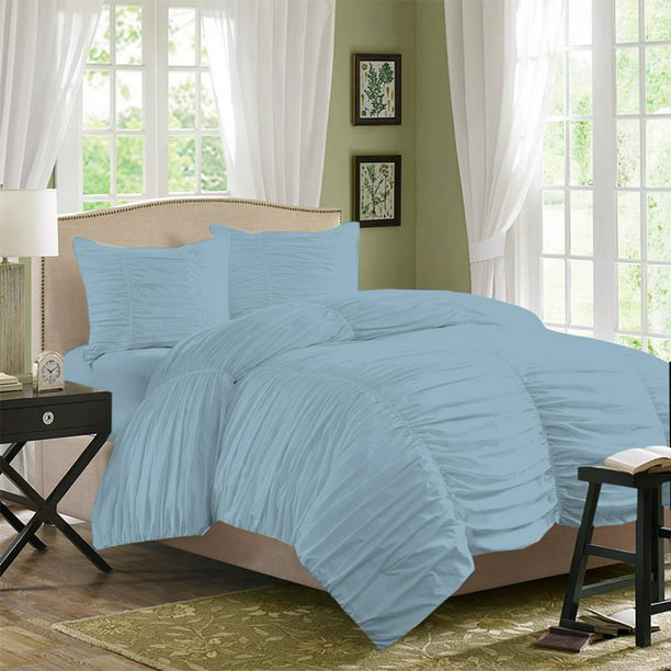 Egyptian Cotton 3 Pcs Ruched Duvet Set, Light Blue Twin Xl Bed Set