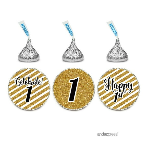 Milestone Chocolate Drop Labels Trio, Fits Hershey's Kisses Party Favors, 1st Birthday, 216-Pack, Not Real Glitter