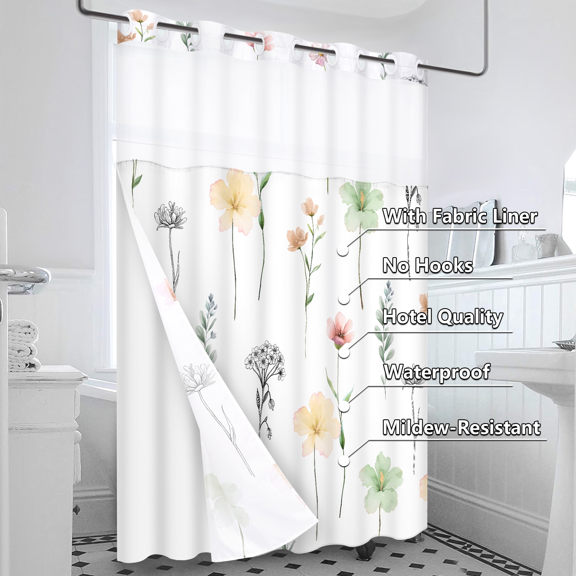 Ikfashoni Hookless Shower Curtain with Snap in Liner, Green Watercolor Flowers No Hook Waterproof Bath Curtain, 71"X74"