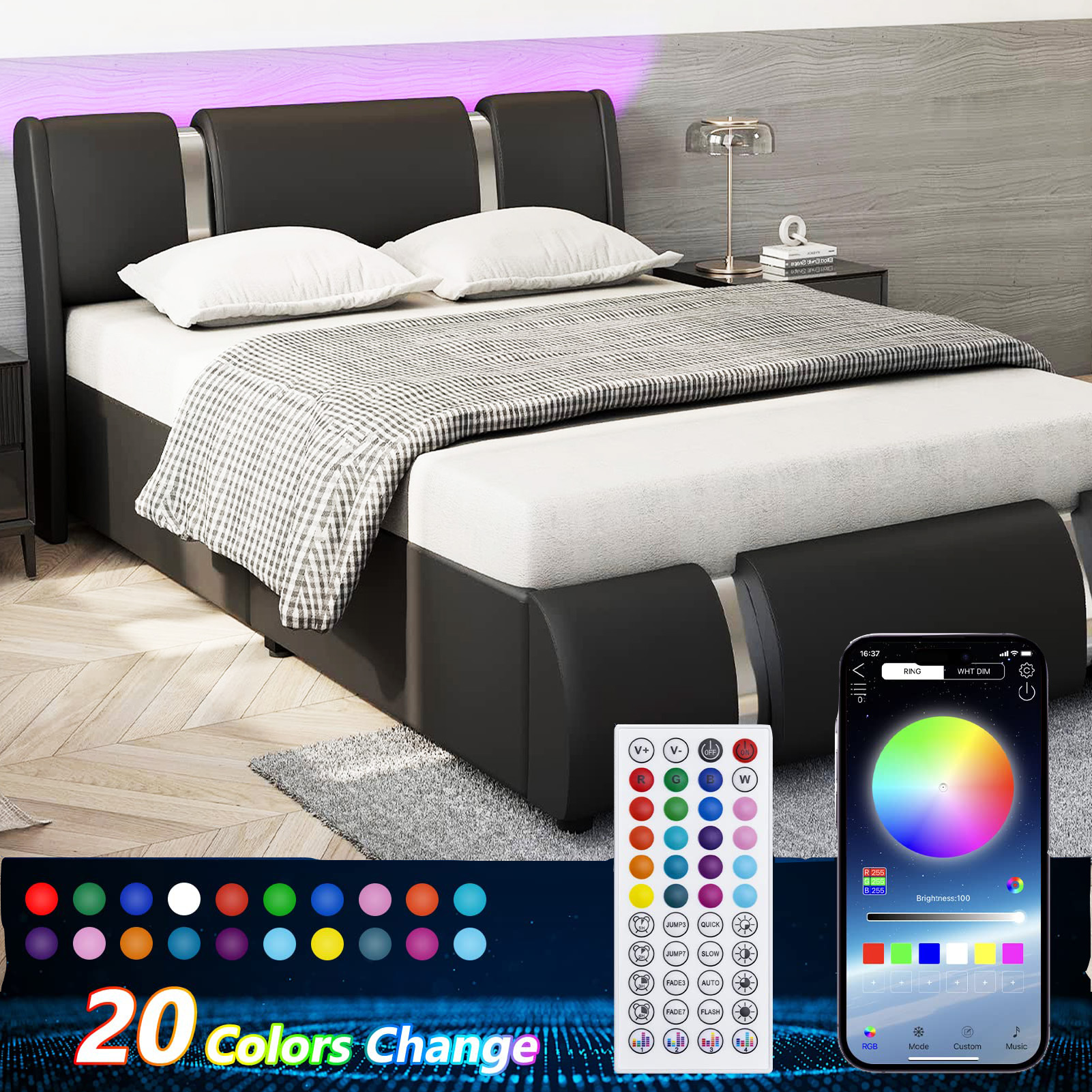 Queen Size Bed Frame with LED Light Headboard, Modern Faux Leather Platform Bed Frame Deluxe Upholstered Bed with Curved Backrest