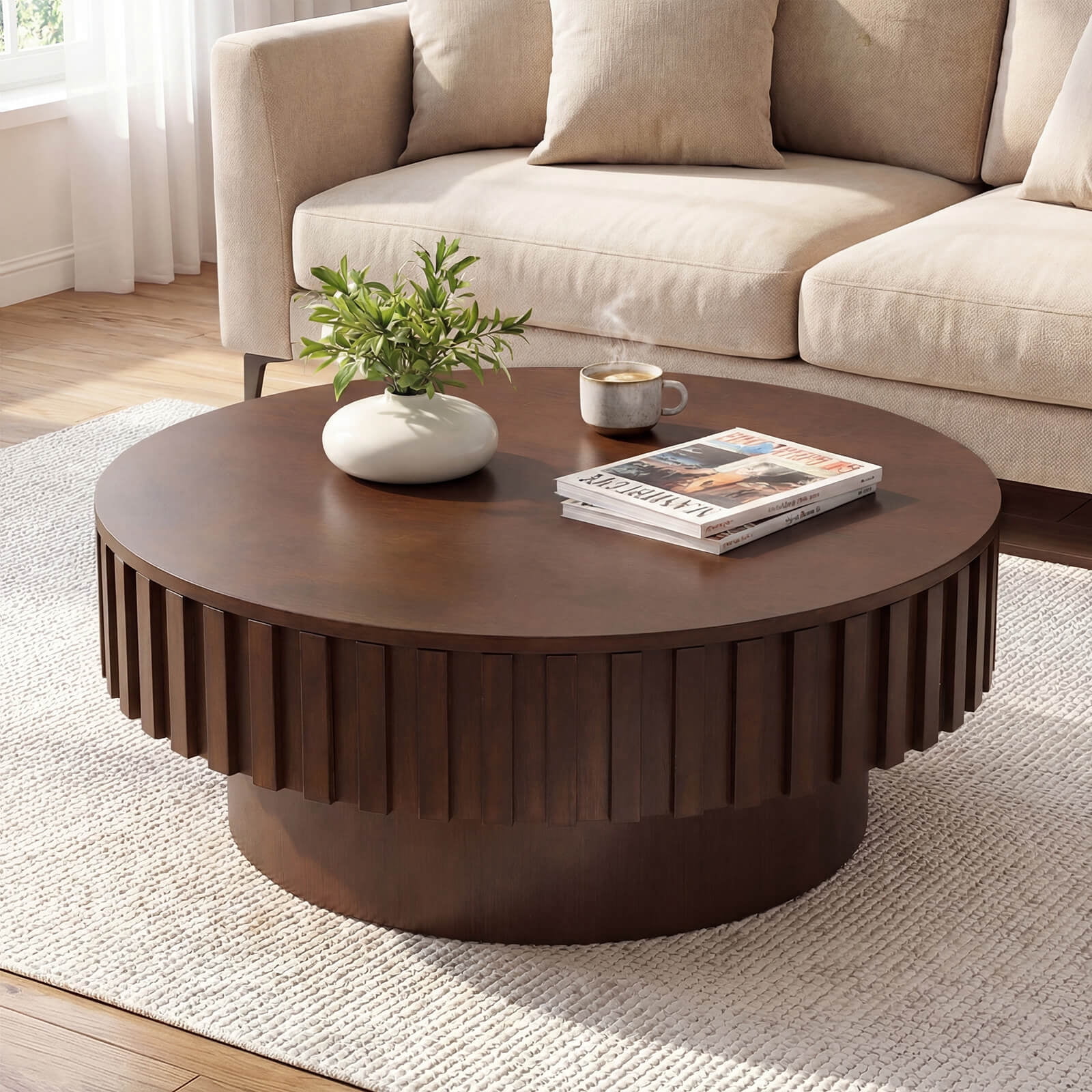 Costway Round Coffee Table with Storage, Wooden Drum Coffee Table with Hidden Compartment Walnut