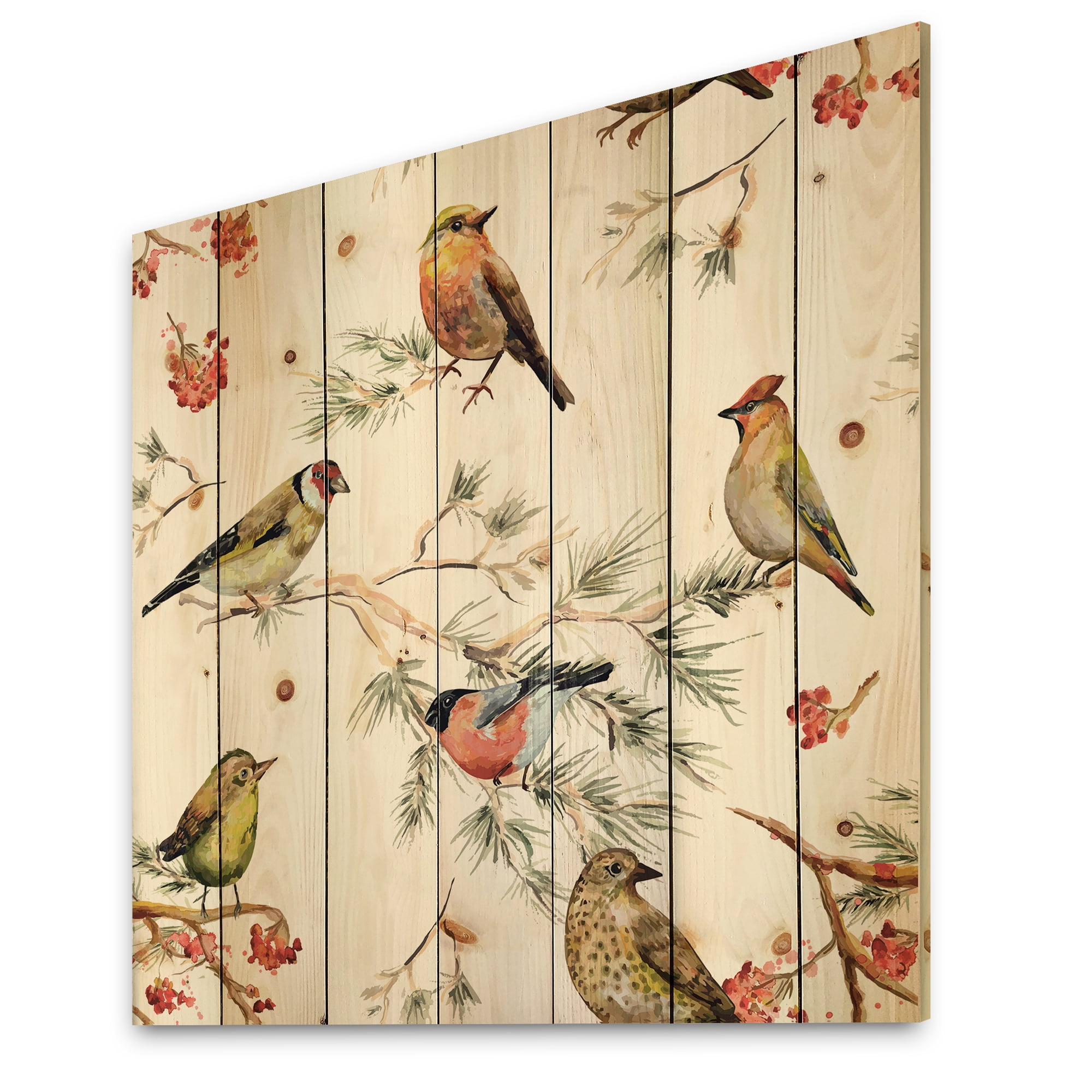 Designart 'Forest Birds Sitting On Branches' Traditional Print on Natural Pine Wood