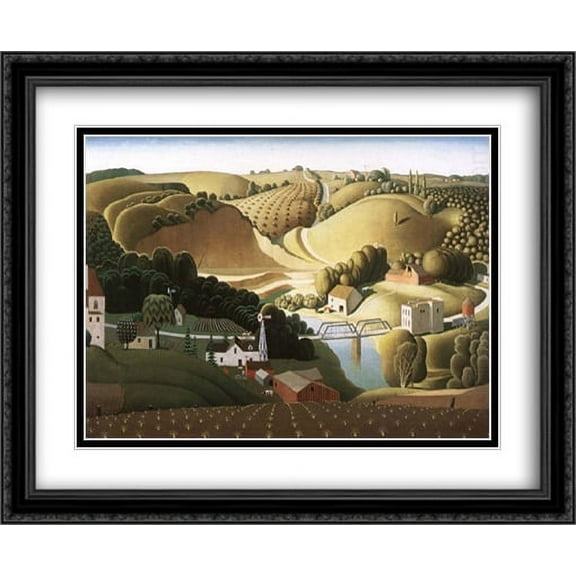 Stone city, Iowa 2x Matted 34x28 Large Black Ornate Framed Art Print by Grant Wood