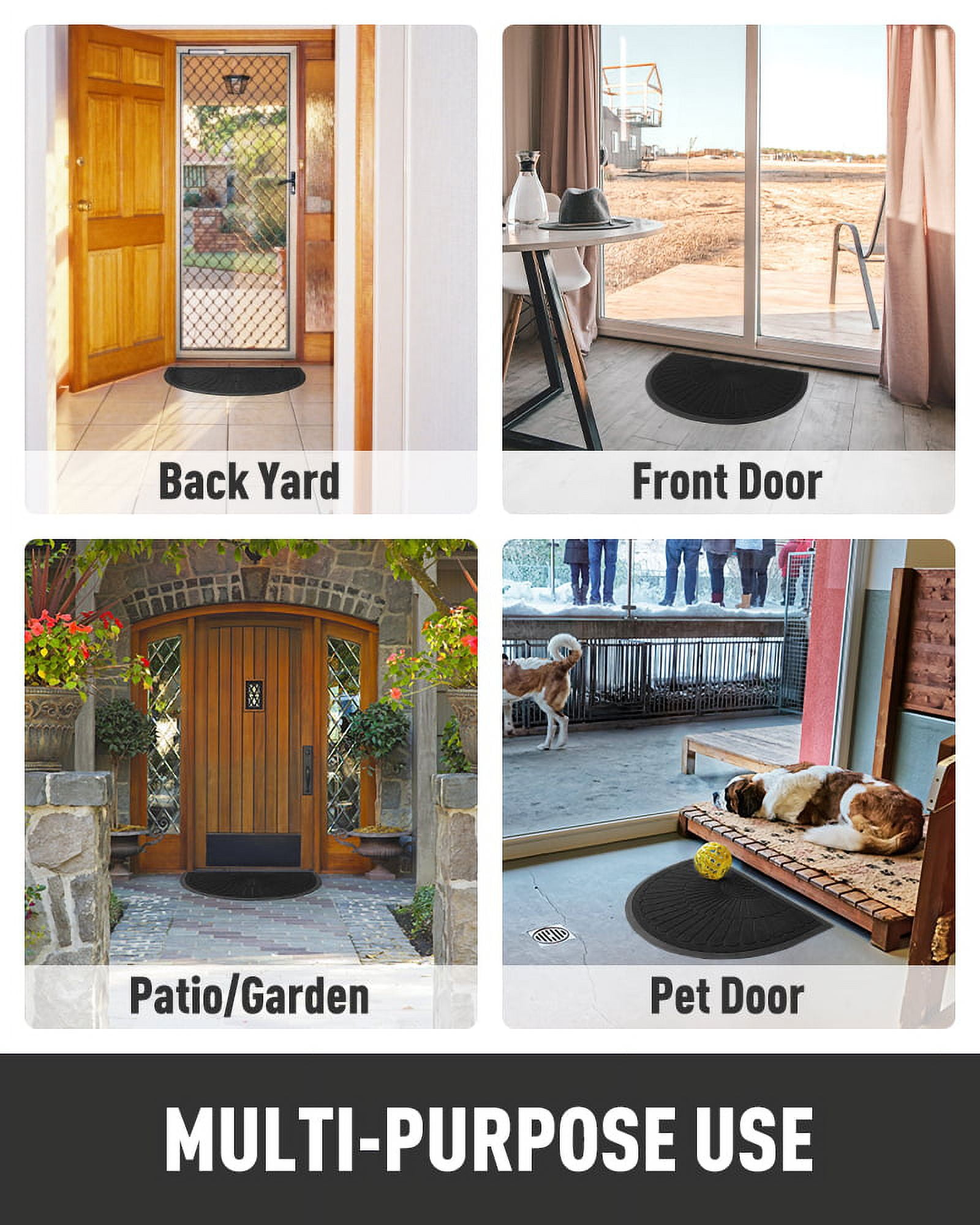 VUNATE Door Mat Outside Indoor Doormat Non Slip Rubber Welcome Mat Outdoor Mat for Front Door Entrance Absorbent Dirt Trapper Floor Mats for Home Low Profile Entry Rug Half Round 24"x35" Black